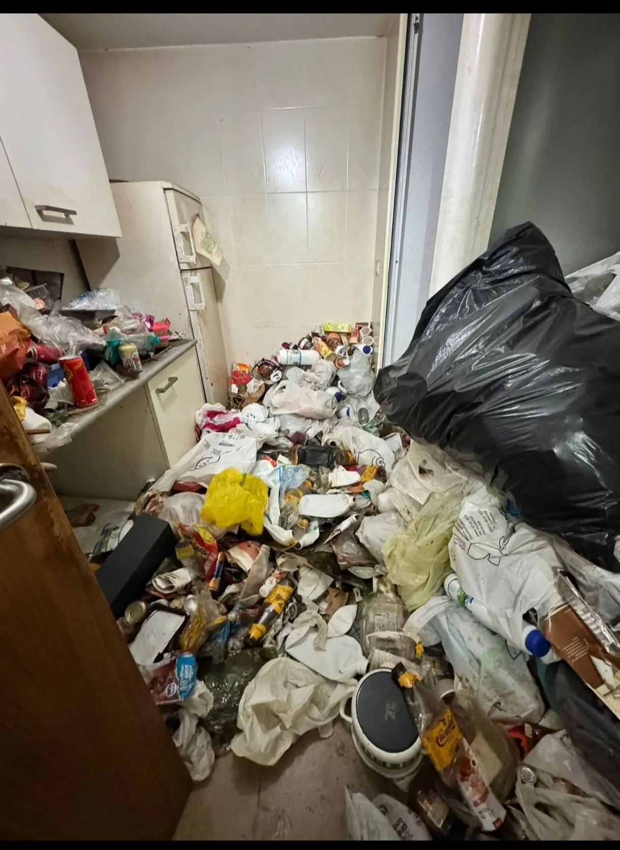Estado previo a la limpieza de una cocina con acumulación extrema de residuos y bolsas en Etxebarri