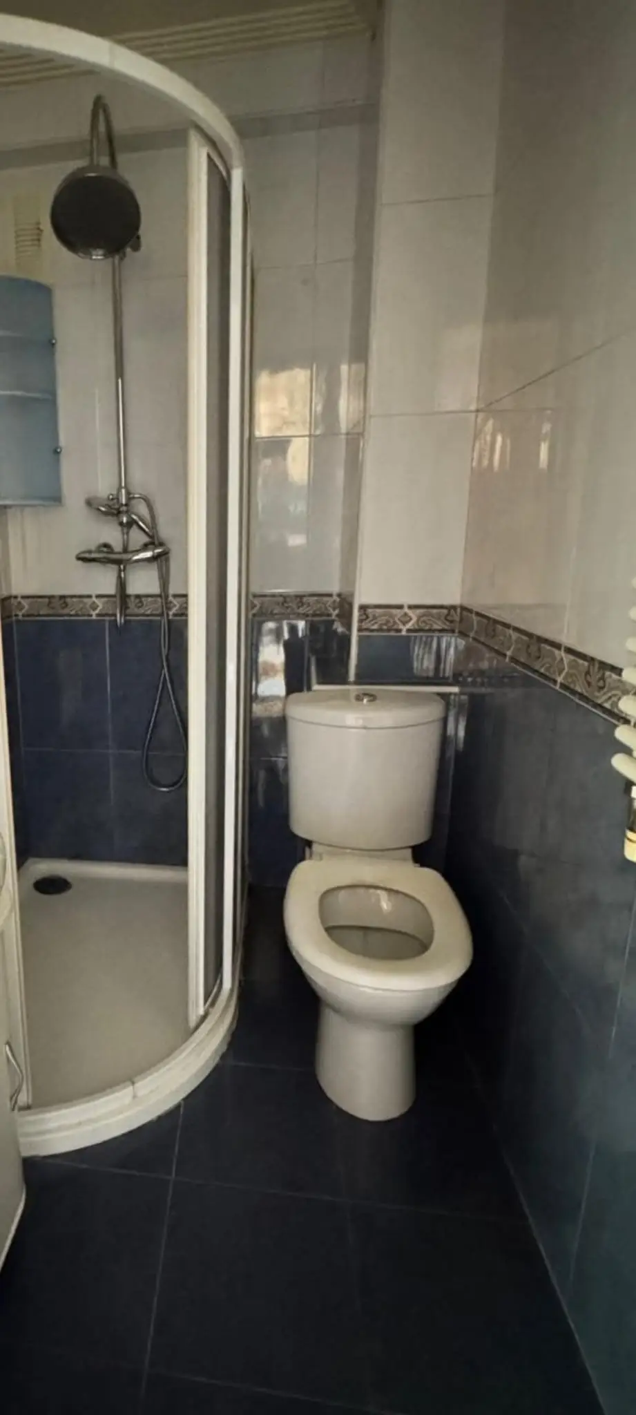 Reforma de baño con plato de ducha curvo y azulejos azules en Etxebarri